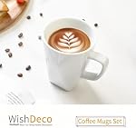 WishDeco White Coffee Mugs Set of 6, Ceramic Coffee Cups 14 oz / 400 ml, Modern Tea Mugs, Porcelain Tea Cups, Large Mug for Latte, Cappuccino, Milk, Juice, Square Bottom, Microwave and Dishwasher Safe