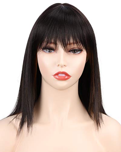 Shoulder Length Bob Wigs With Hair Bangs Women’s Straight Bob Wigs Synthetic Cosplay Bob Wig For Girl Costume Wigs Natural Black Mix Brown Color Wig(Black With Brown Highlights)