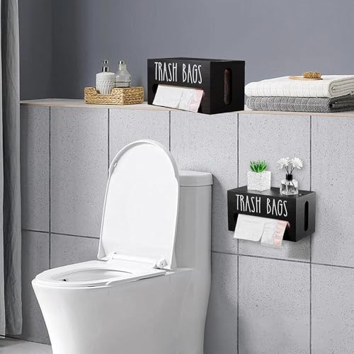 Image of Trash Bag Dispenser, Wall Mount Trash Bag Holder Dispenser with Lid Wooden Kitchen Trash Bag Roll Organizer Plastic Garbage Bag Storage for Cabinet. (Black)