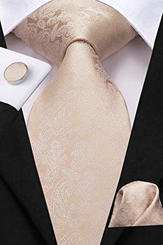 Hi-Tie Champagne Khaki Tie Paisley Silk Mens Neckties With Pocket Square Cufflinks For Wedding Business Party #TOP2