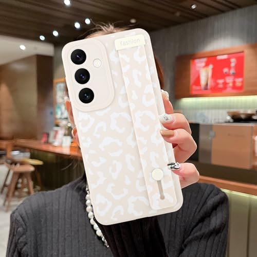 Image of Compatible with Samsung Galaxy S25 Case with Strap Wrist White | Cheetah Print Shockproof Soft TPU Protective Cover for Women Girls, Slim Anti Scratch Case 6.2 Inch, White