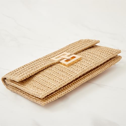 Image of Huralona Women Straw Woven Clutch Purse Pleated Handbag for Summer Beach Vacation Straw Shoulder Crossbody Bag