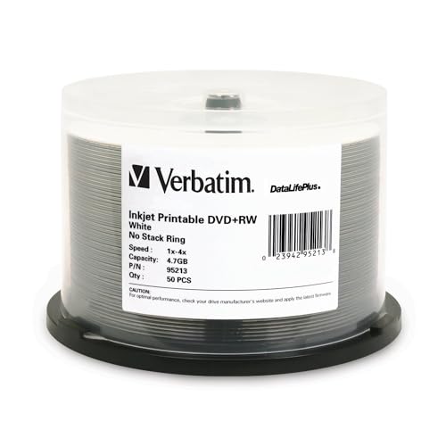 Image of Verbatim DVD+RW 4.7GB 120Min Up to 4X Blank Discs Rewritable Up to 1000 Times DataLifePlus White Inkjet Printable - 50pk Spindle