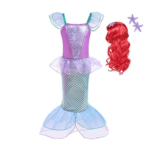 Lito Angels Disfraz Sirenita Vestido Sirena Princesa Ariel con Peluca de Pelo para Niñas Pequeñas, Talla 4-5 años, Púrpura