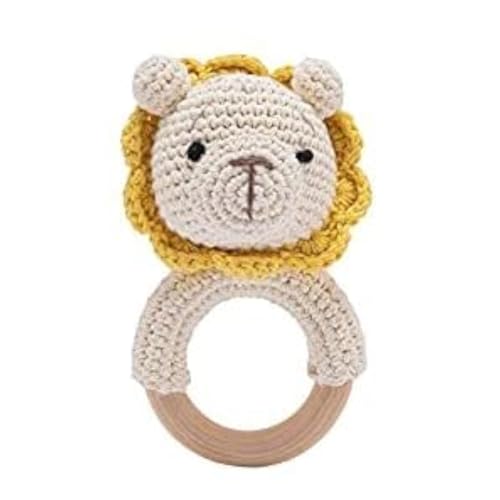 Image of Wooden Baby Rattle Crochet Lion Baby Toys Handmade Newborn Toy Early Development Grips Stuffed Animal Organic Rattle