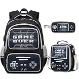 ACESAK Mochila Gamer para meninos – Mochila escolar luminosa para meninos com lancheira – Mochila infantil para meninos, Preto, cinza, Large, Mochila