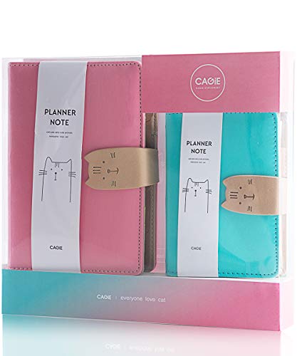 Leather Binder Journal Refillable Cat Notebook 6-Ring Loose Leaf Binder Spiral Diary Mini Binder Planner (Pink Set)