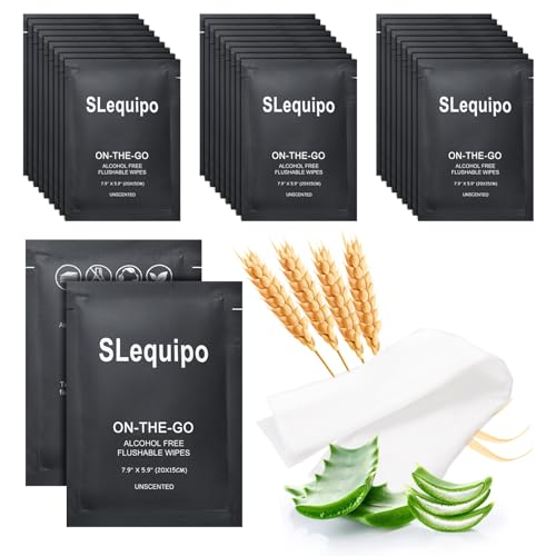 SLequipo 50 Pcs Flushable Wet Wipe Individual Wrapped, Plant Based Wet Wipes, 15x20cm, Aloe Vera for Butt, Hands, Face Cleaning, Fragrance Free