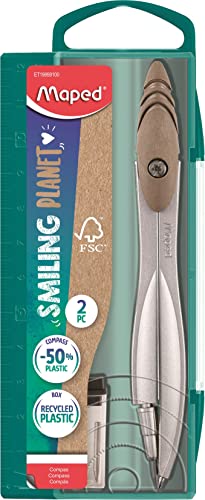 Maped - Material Escolar - Colección Smiling Planet - Compás Escolar de Precisión - Incluye Estuche de Minas - Estructura de Fibra de Madera - Brazos de Metal para Mejor Rigidez