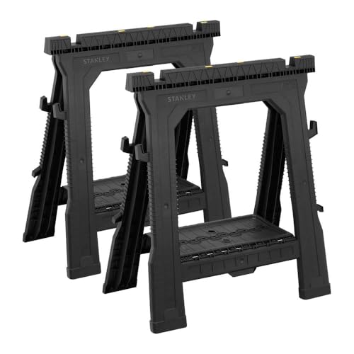 Stanley Stst1-70713 Tréteau Pliable Lot de 2 Pièces - 450 kg Par Paire - Caoutchouc Anti-Dérapant Sur Les Pieds - Rainure en V pour Découpes d'Appoints - Structure Résistante et Légère Noir