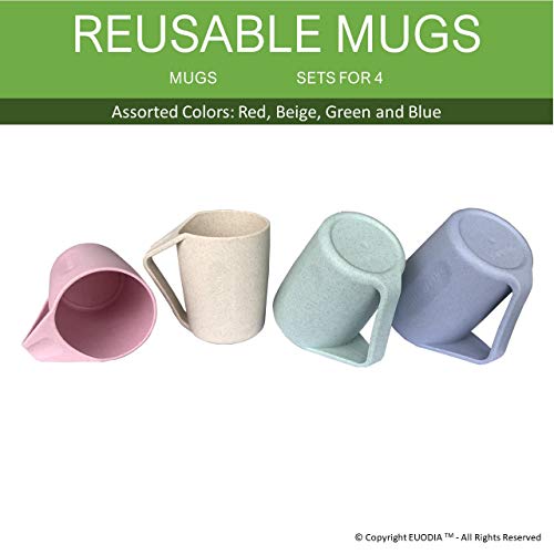 Euodia Wheat Straw Plastic Coffee Cups / Mugs With Handles (Sets For 4) - Dishwasher & Microwave Safe - Unbreakable / Nonbreakable, Lightweight, Eco-Friendly & Bpa Free -Kids,Toddlers,Adults & Elderly #TOP1