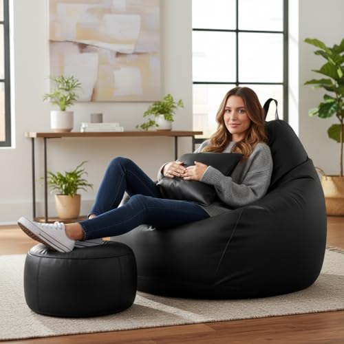 Image of KAM'S LIEU Bean Bag Chair with Footrest & Cushion | Pre-Filled Beans | PVC Leatherette Lounger Sofa | Indoor & Outdoor Bean Bag | 6 Months Warranty Size & Color- (Black, XXXXXL, Premium)