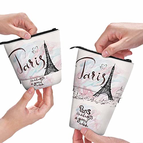 Image of Swono Eiffel Tower Pencil Pouch Romantic France Paris Marble Watercolor Stand Up Pencil Case Organizer Pencil Holder Makeup Bag Gift Pink
