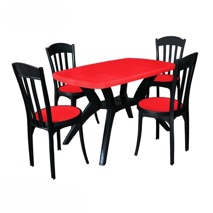 Image of Furniture MAX 4 Seater Plastic Cross Leg Dining Table with 4 Luxury Plastic Chairs Set - Red Top with Black Legs, DIY - for Home, Garden & Cafeteria