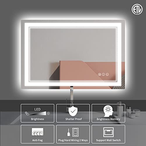 48x28 Inch LED Bathroom Mirror with Lights, Backlit and Front Lighted Bathroom Mirrors for Wall, Anti-Fog Dimmable, Memory, Shatterproof, LED Vanity Mirror for Bathroom