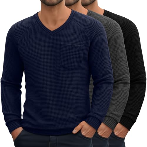 Neer 3 Pack Men's Big and Tall Waffle Thermal Long Sleeve Shirts V Neck Tops Casual Pullover Knit Undershirt with Pockets(Black, Dark Gray, Navy Blue,X-Large)