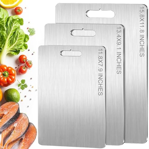 Opiniones y reviews de Tajaderas para picar más recomendados. 43 Juego de 3 Tablas de Cortar Acero Inoxidable, Cutting Board de Titanio para Cocina, Tablas Para Picar de Doble Cara y Grado Alimenticio para Carne, Frutas y Verduras, Lavavajillas,...