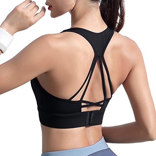 Nishore Sutiã esportivo feminino com alças nas costas com fecho de gancho e ocular removível acolcho