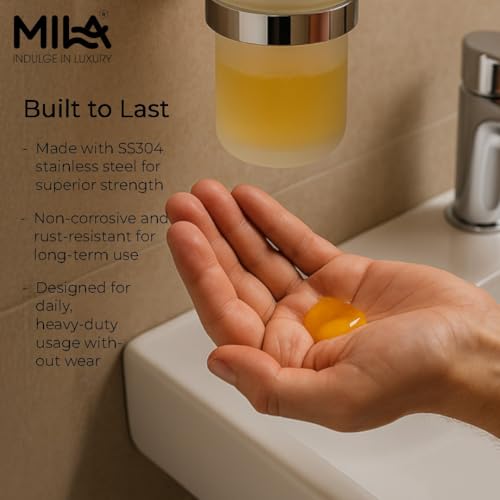 Image of Mila Floro Soap Dispenser | Premium SS304 Wall Mounted Liquid Holder with Frosted Glass Dispenser | Chrome Finish Soap & Lotion Pump for Bathroom, Kitchen & Wash Basin