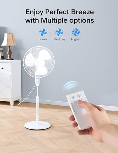 Image of PELONIS 16'' Pedestal Fan for Bedoom with Remote, Upgraded, Standing Fan with 7-Hour Timer, 90 Oscillation, 3-Speeds, Adjustable Height, Electric Cooling Fans for Living Room and Office