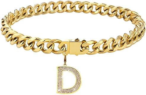 Dopetie Gold Chain Dog Collar Personalized Letter Dog Necklace with Bling Zircons Metal Cuban Link for Medium and Large Dogs Pets Heavy Duty Chew Proof Letter D 16IN