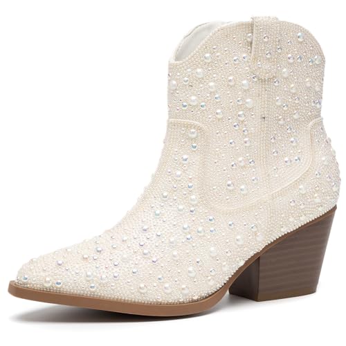 Image of YAYONE Rhinestone Zipper Sparkly Ankle Boots - Glitter Pointed Toe Fashion Comfortable Shoes, Pull on Chunky Heel Western Boots