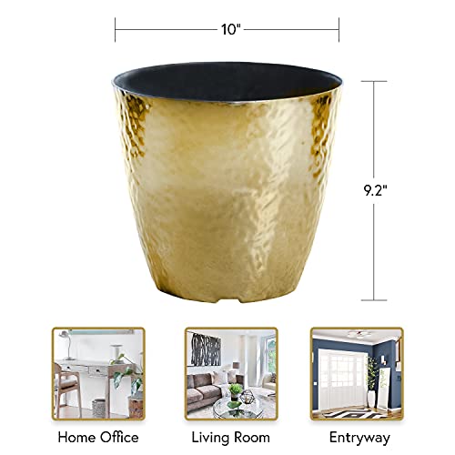 Howplum 3-Pack 10-In. Round Metallic Hammered Plastic Garden Planter Flower Pot, Gold, Copper, Silver #TOP2