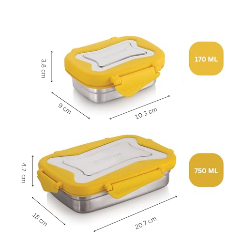 Image of STEELLOCK Smart Stainless Steel Tiffin Lunch Box 2pc Set - Airtight Leakproof Rectangle Combo - 750ml & 170ml with Steel Lids - Yellow - Ideal for Kids & Adults, School & Office