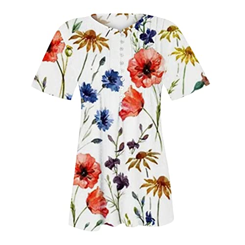 Smidow Womens 2023 Summer Vacation Bohemian Tunic Tops Fashion Floral Print Short Sleeve Henley T-Shirt Casul Dressy Blouse #TOP3