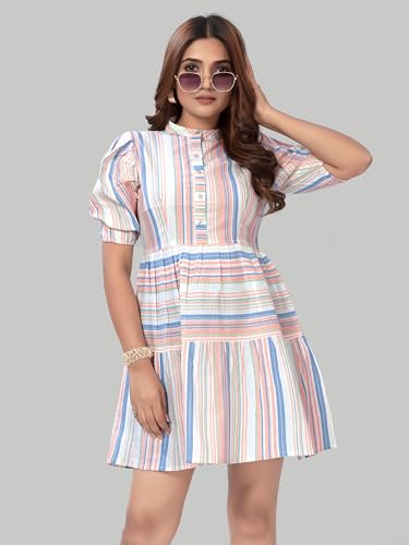 Image of Women's Cotten Light Colour Western Stripe Dress, Knee Length Puff Slevee