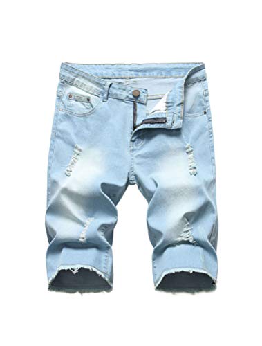 Image of PASOK Men's Casual Denim Shorts Distressed Stretchy Jeans Shorts Ripped Short Pants