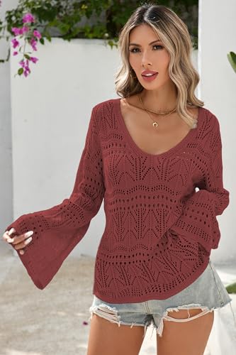 Image of Cakulo Womens Summer Crochet Tops Boho Off Shoulder Sweaters Lightweight V Neck Loose Vacation Resort Wear 2026