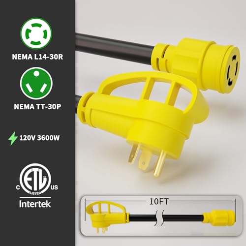 POWGRN 10 FT RV Power Cord 30 Amp Extension Cord, 4 Prong to 3 Prong Adapter Generator Extension Cord, 30 Amp RV Adapter, NEMA TT-30P to NEMA L14-30R, 10AWG STW 30A 125V 3750W, Yellow, ETL Listed by POWGRN - Used condition - Image 2