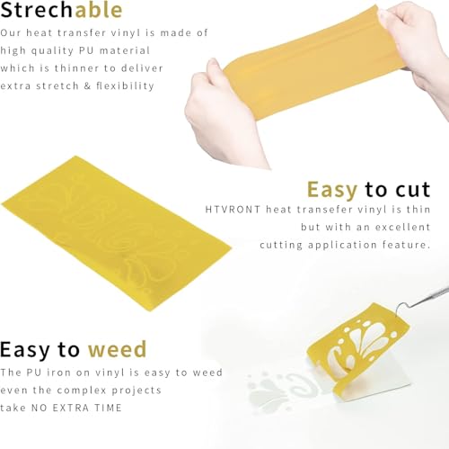 Image of HTVRONT Gold HTV Heat Transfer Vinyl Bundle: 24 Pack 12 inchx12 inch Iron on Vinyl Sheets for T-Shirt (1 PTFE Sheet Included), Gold PU HTV Vinyl Easy to Cut & Weed for Heat Design