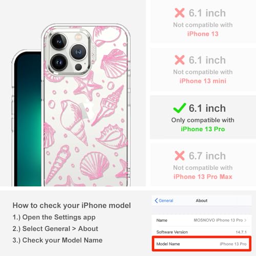 MOSNOVO for iPhone 13 Pro Case, Shockproof Military-Grade Protection 6.6ft Drop Tested, Clear Phone Case for iPhone 13 Pro, Pink Seashells Design by MOSNOVO - Used condition - Image 2