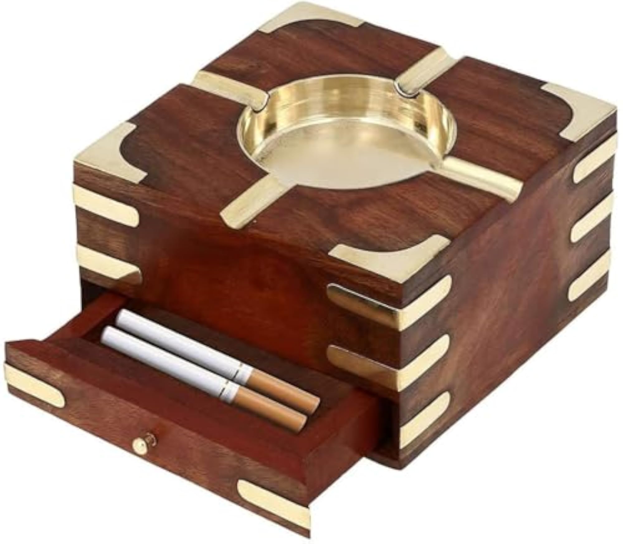 Wooden Ashtray with Brass Bowl and Storage Drawer