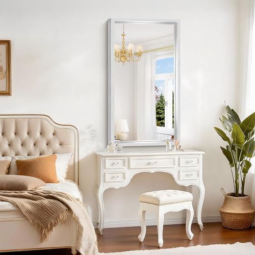 Image of 24 x 42 inch Brushed Silver Bathroom Mirror, Metal Framed Rectangle Mirror, 0.6 inch Thickened Deep Frame Mirrors for Living Room Bedroom Entryway, Tempered Glass, Antirust, Horizontal or Vertical