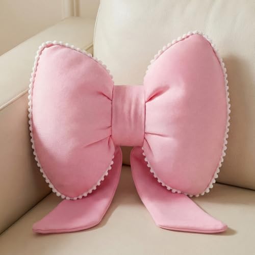 Kathfly Pink Bow Pillow Soft Bow Shaped Throw Pillows Decorative Cute Cushion Aesthetic Home Decor for Room Bed Sofa Couch(Lace Trim Silk)