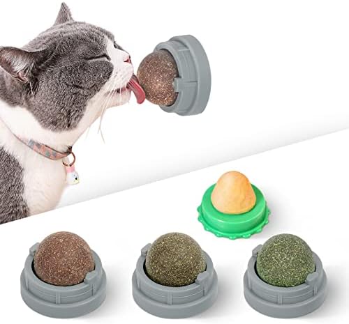 Potaroma Catnip Silvervine Balls 4 Pcs, Extra Cat Energy Ball, Edible Kitty Lick Toys, Healthy Kitten Chew, Teeth Cleaning Dental Cat Toy, Cat Wall Treats (Grey)