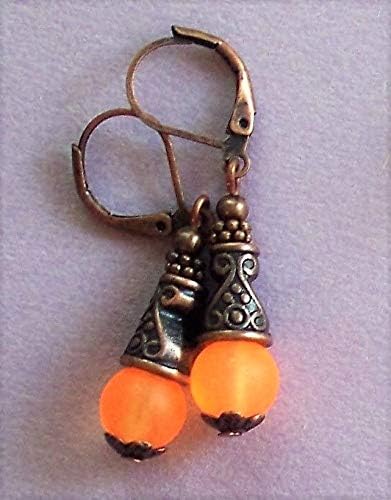 Orange Beach Glass Earring Copper Leverback Artisan Earrings For Women Set + Gift Box For Free