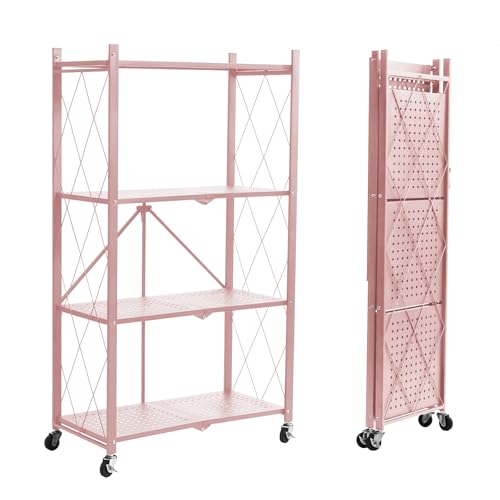 Image of BRIAN & DANY 4-Tier Foldable Storage Shelves with Wheels, Folding Metal Rack Shelving Unit, Heavy Duty No Assembly Organizer Shelf for Garage, Kitchen, Basement, Pantry, Pink