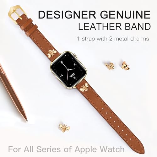 Image of JR.DM Slim Leather Bands Compatible with Apple Watch Band 38mm 40mm 41mm 42mm 44mm 45mm 46mm 49mm, Genuine Leather Band with Charms, Feminine Design for Iwatch Ultra SE Series 11 10 9 8 7 6 5 4 3 2 1