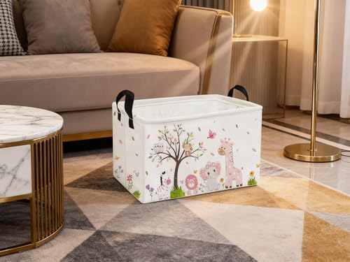 Image of Essme Rectangular Animal Baskets,Pink Storage Basket with Handles for Room Decor,Cute Storage Bin(Pink animal)