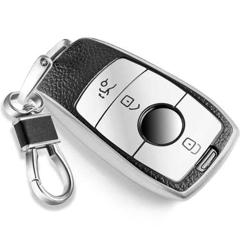 Image of Key Fob Cover for Mercedes Benz, Leather-Style Tab Cover, Silver