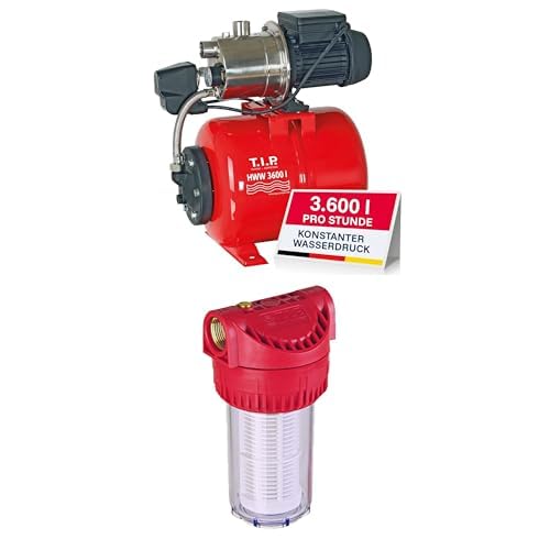 T.I.P. 31188 Hauswasserwerk HWW 3600 I (Fördermenge max. 3.600 l/h, Förderhöhe max. / Druck max. 40 m / 4,0 bar, 650 Watt, 18 l Stahl-Druckkessel) + 31058 T.I.P. Hochleistungs-Vorfilter bis 7.000 l/h
