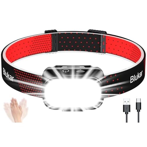 Blukar LED Stirnlampe Wiederaufladbar, Superhell 2000 Lumen Stufenlos Dimmbar Kopflampe mit 5 Normalmodi & 5 Sensormodi & Rotlicht, Leichtgewichtig Wasserdichte Mini Stirnleuchte für Camp, Angeln usw.