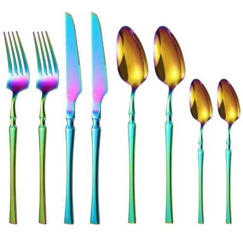KitchAntique Rainbow Silverware Set | Satin Finish 8-Piece Korean Vintage Style Flatware Set | Dishwasher Safe Stainless Steel Cutlery for Home, Restaurant & Gifting