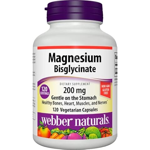 Webber Naturals Magnesium Bisglycinate 200 mg, 120 Vegetarian Capsules, Easily Absorbable and Gentle On The Stomach, Supports Bones, Teeth and Muscles, Gluten and Dairy Free, Vegan Cover