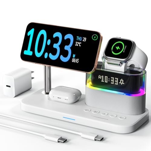 5 in 1 Wireless Charging Station for Apple,Magnetic Charger with Alarm Clock Night Light for Multiple Devices,Nightstand Charging Station Compatible with iPhone 17/16/15/14/13/12,Apple Watch,Air-Pods