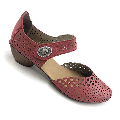 Image of Rieker 43753 Mirjam Women's Mary Jane Heels - Low-Heel Leather Shoes with Adjustable Ankle Strap & Laser-Cut Design - Comfortable Women's Heels for Casual & Dressy Wear